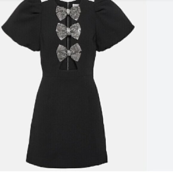 Black Puff Sleeve Cut Out Party Bow Rhinestone Mini Dress L - Picture 11 of 14